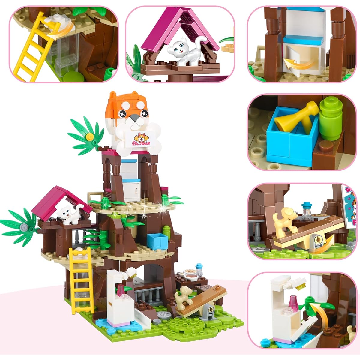 BRICK STORY Friends Jungle Tree Pet House Building Blocks Dog Nursery Playground with Slide Animal Rescue Set 4 Puppy and Cat Toys Gift for Kids 6-12 Years Old 632 Pieces