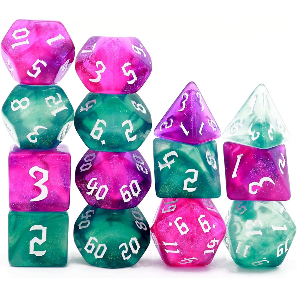 Haxtec 14PCS Glitter DND Dice Set Purple Teal Blue Polyhedral RPG Dice for Dungeons and Dragons Gift