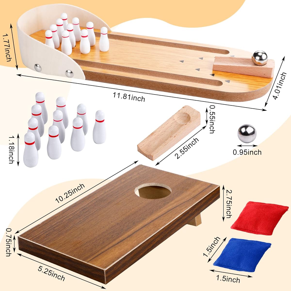 Jexine Tabletop Mini Bowling Game Set and 2 Sets Cornhole Set Wooden Bowling Game Desk Toy Portable Mini Desktop Cornhole Fun Desktop Game Desk Gift for Adults Kids Teens
