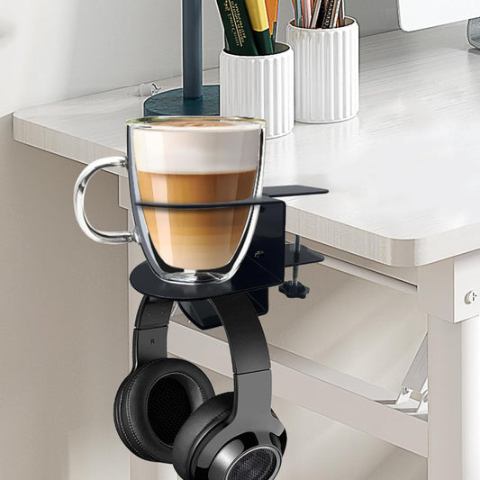 2-in-1 Desk Cup Holder with Headphone Hanger Holder Spill-proof Cup Holder - 360° Rotation Aluminum Alloy Stand Hook Bearing Capacity