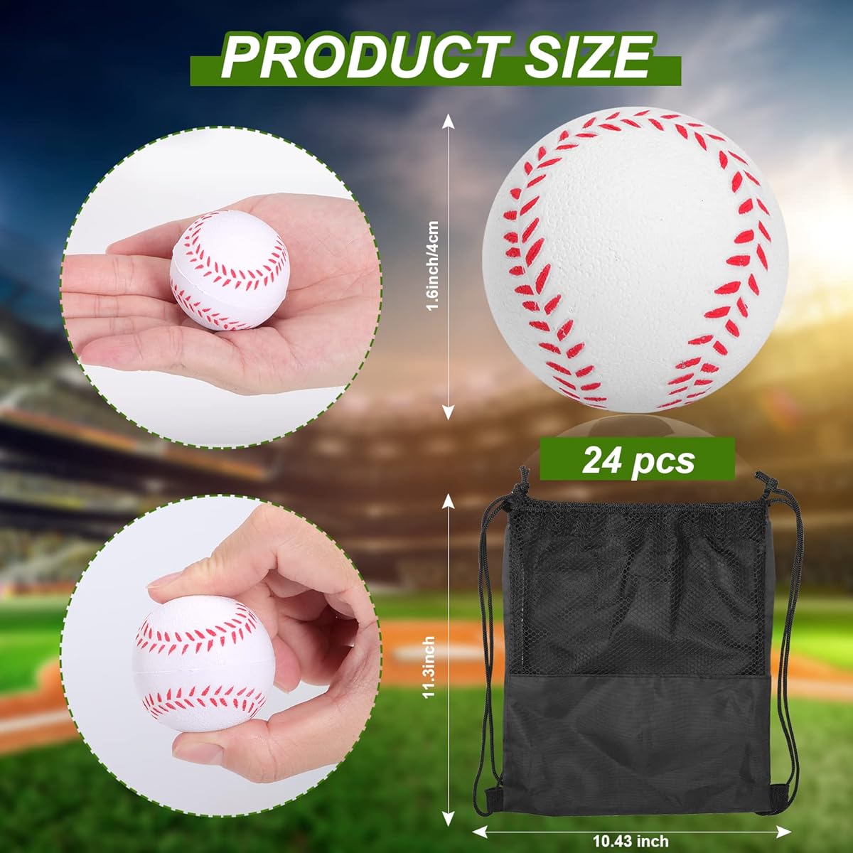Erinnmy Mini Sport Balls Foam Softballs Stress Balls with Black Drawstring Mesh Bags - Pack of 24