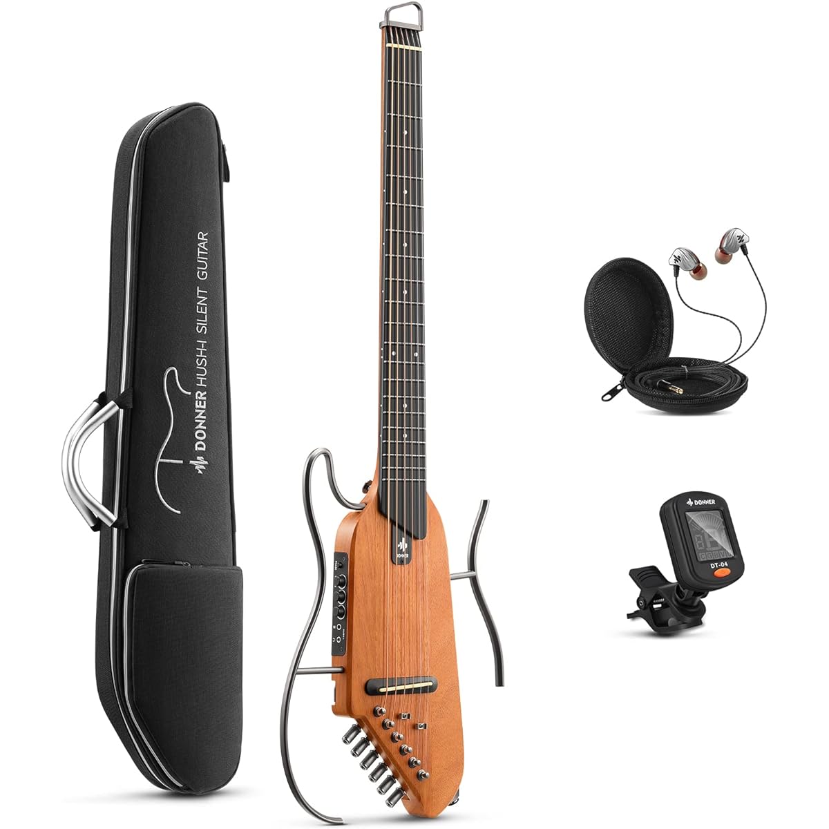 Donner Travel Guitar Headless Guitar Set with Earphones Mahogany Body Mini Guitar Portable Guitar Ergonomic Neck Quiet Beginner Detachable Frame Soft Case Tuner Included HUSH-I