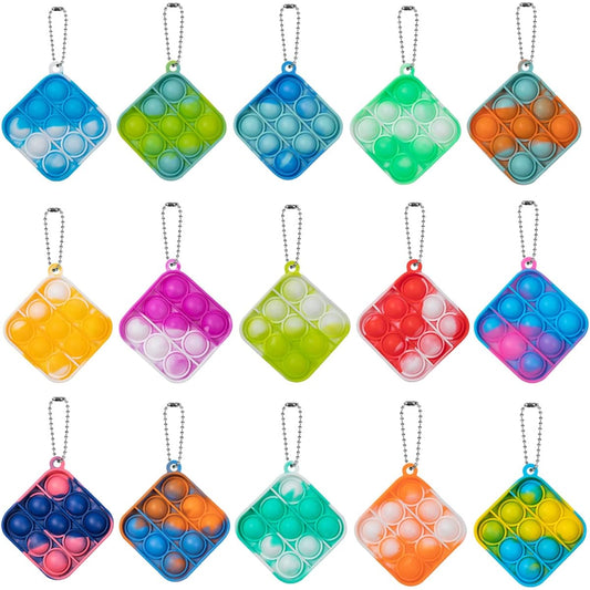 15pcs Square Pop Push Keychain Fidget Toy Stress Relief Pop Toy Hand Play Set Fidget Toy Set with Keychain Birthday Gift for Kids and Adults