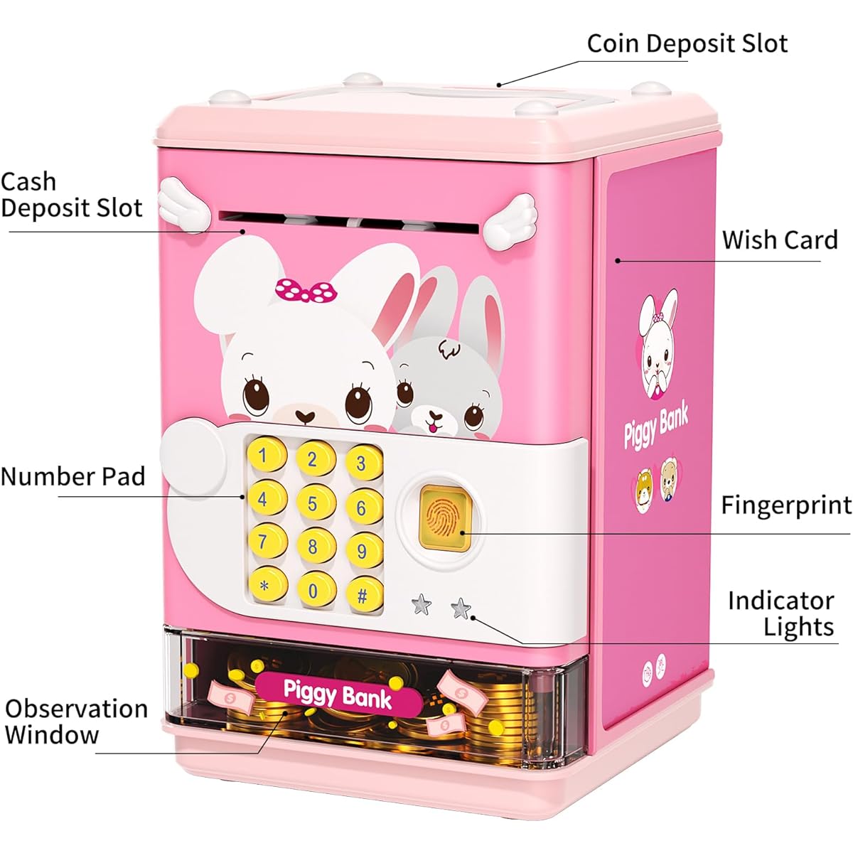 AIQI Piggy Bank Toy Electronic Mini ATM Saving Machine with Personal Password & Fingerprint Unlock Simulation - Music Box for Kids, Boys and Girls Ages 3-8 (Pink)