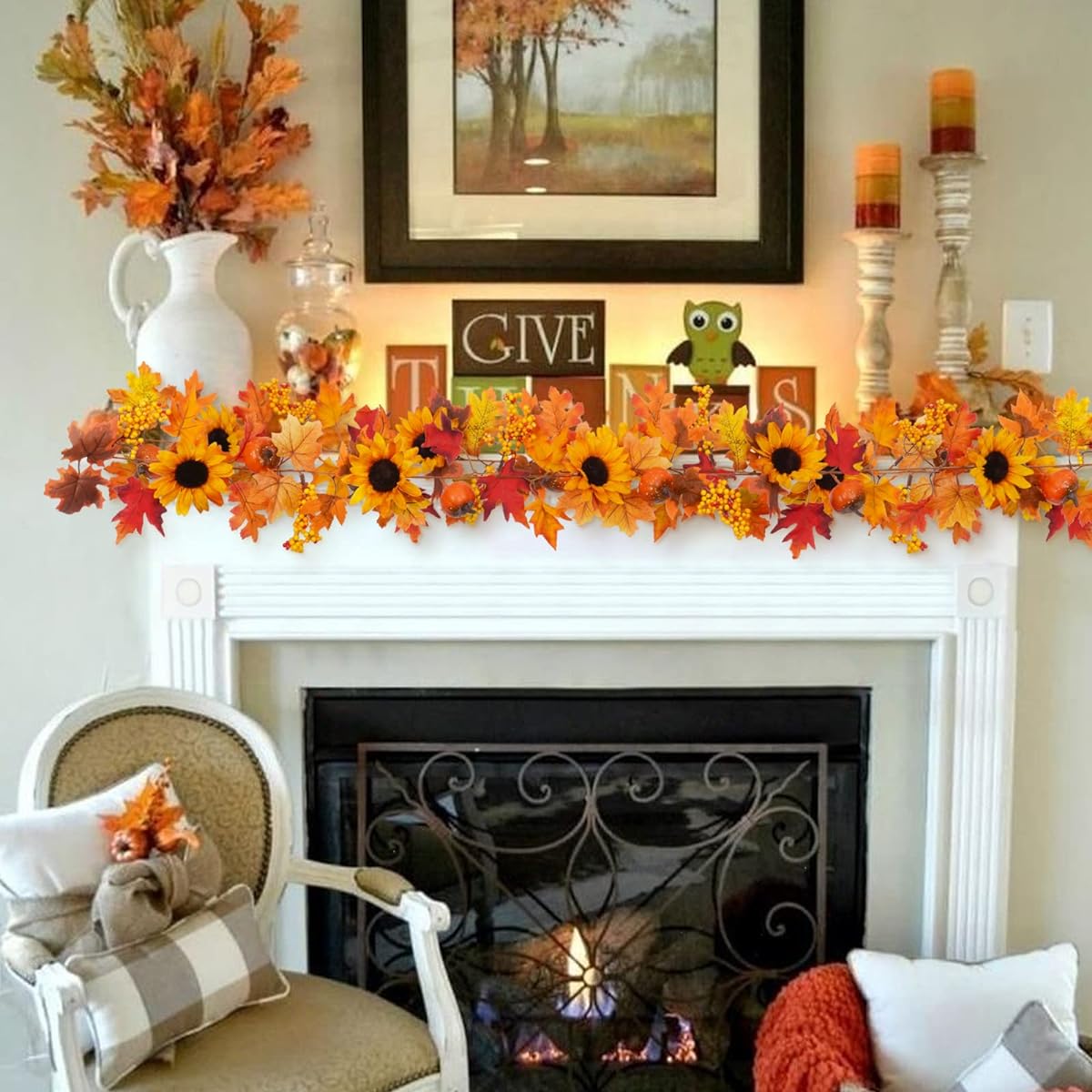 Martine Mall 6ft Artificial Maple Leaf Berries Sunflowers Pumpkins Garland Vine Decorations for Fall Wedding Party Thanksgiving Home Decorations