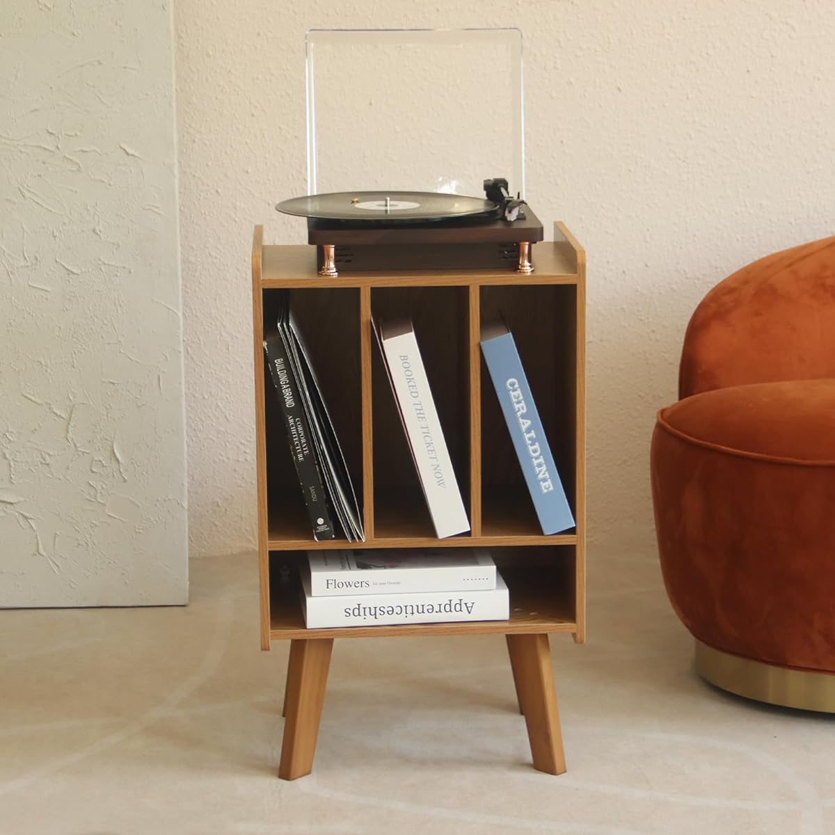 AWASEN Record Player Stand with Vinyl Storage Turntable Stand with Record Storage Vinyl Record Table Holds Up to 100 Albums 3 Tier End Table with Wooden Legs for Living Room Bedroom Office (Brown)