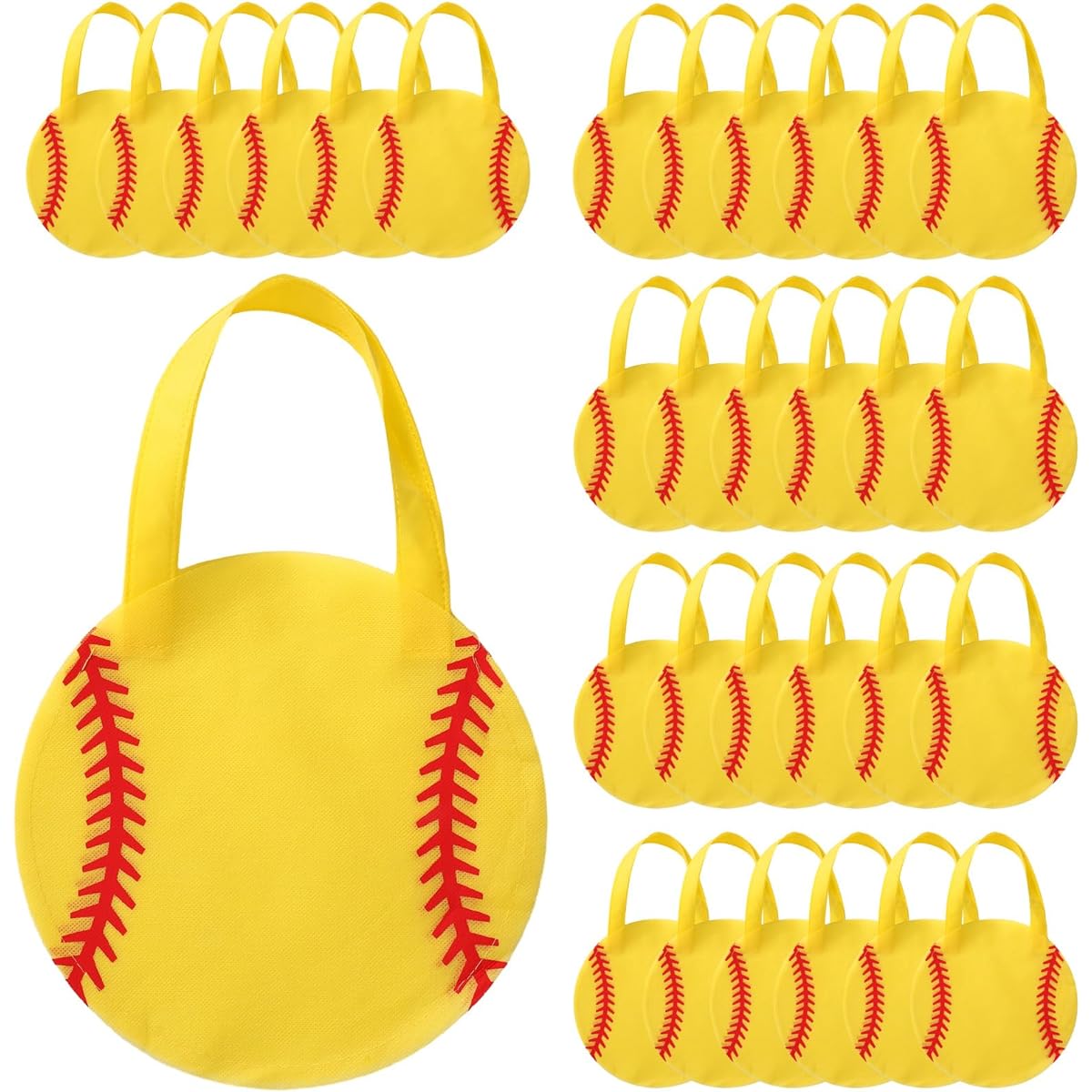 Aoriher 48pcs Sports Party Gift Bags, 9.84 x 9.84 Inch Basketball Football Baseball Soccer Non-Woven Sports Theme Party Goodie Candy Gift Bags for Sports Theme Party Gifts for Kids(Softball)