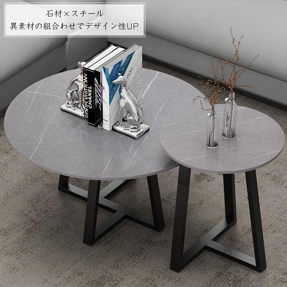 unho Nesting Table Large and Small Set of 2 Sintered Stone Marble Pattern Low Table Center Table Gray Living Table Large Furniture Stylish Modern Interior Sofa Table