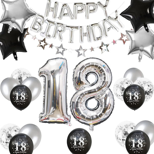 18th Birthday Decorations Boys Girls Happy Birthday Balloons Star Banner Number 18 Balloons Silver Black Star Foil Balloons 18th Birthday Confetti Balloons Boys Girls 18th Birthday Party
