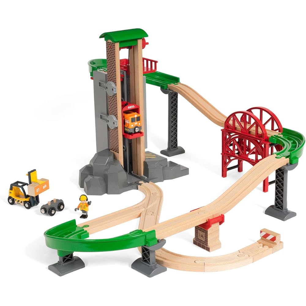 BRIO WORLD Warehouse Rail Set Ages 3+ (Train Toy Wooden Rail) 33887 & WORLD Crane & Mountain Tunnel [Wooden Rail Toy] 33889 [Set Purchase]