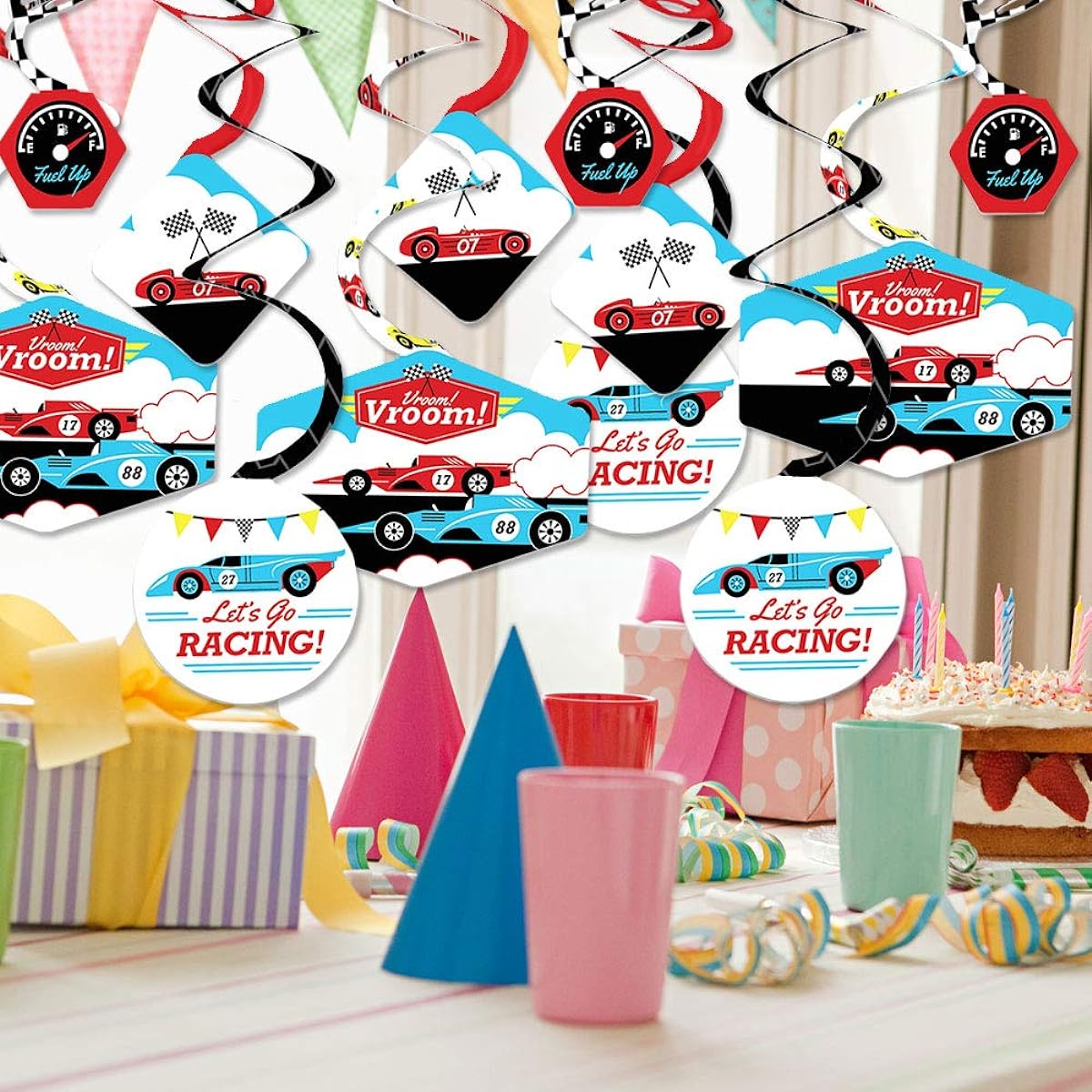 Big Dot of Happiness Let's Go Racing - Racecar - Race Car Birthday Party or Baby Shower Hanging Decorations - Party Decor Swirls - Set of 40