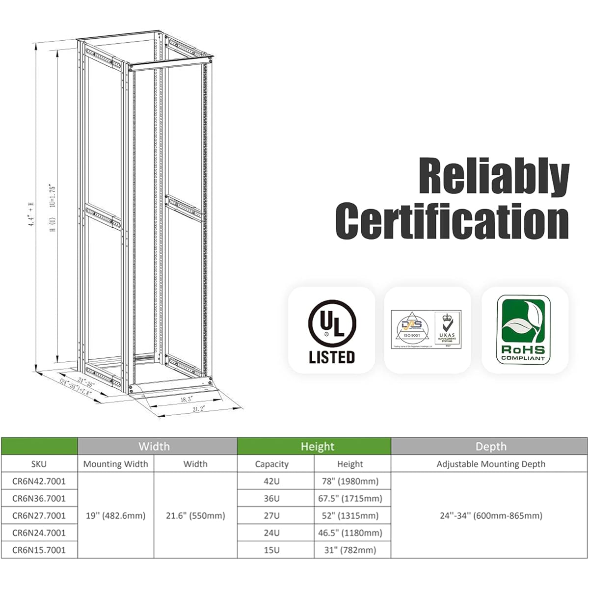 Raising ELECTRONIS 15U 4 Post Open Rack Frame Rack Enclosure 19" Depth Adjustable Aluminum