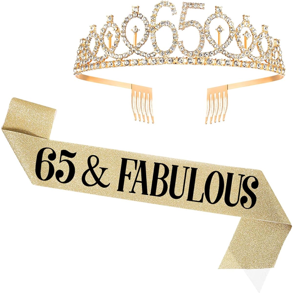UVATAHONA 65th Birthday Sash and Tiara for Women 65 & Lovely Sash and Crown 65th Birthday Decoration Gift for Women Queen Party Favors Supplies Gold