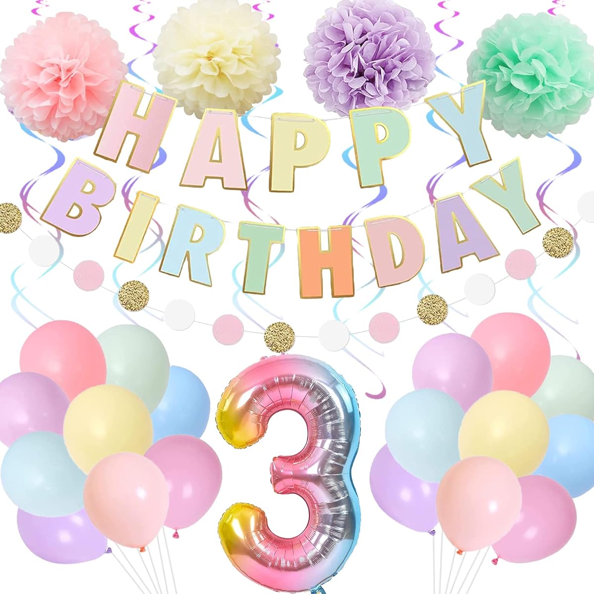 BRT Bearingshui 3rd Birthday Decorations, 40" Rainbow Gradient Number 3 Balloons, 3rd Birthday Balloons, Happy Birthday Banner for Kids, 3rd Birthday Party Supplies