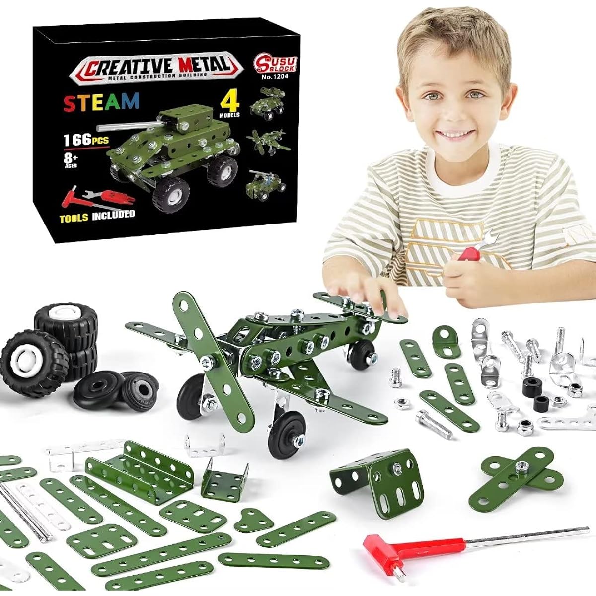 Ferthor Fun Metal Building Military Series Building Toys Small Erection Set for Kids Ages 4-8 Military Toys for Boys Ages 8-12 STEM Toys Model Military Kit (166 Pieces, No Motor)