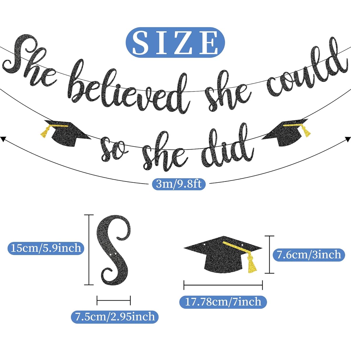 She Believed She Could So She Did Banner Decorations - Black Glitter She Did It 2023 Graduation Garland Banner Congratulations Graduation Photo Backdrop for Girls College Graduation Party Favors