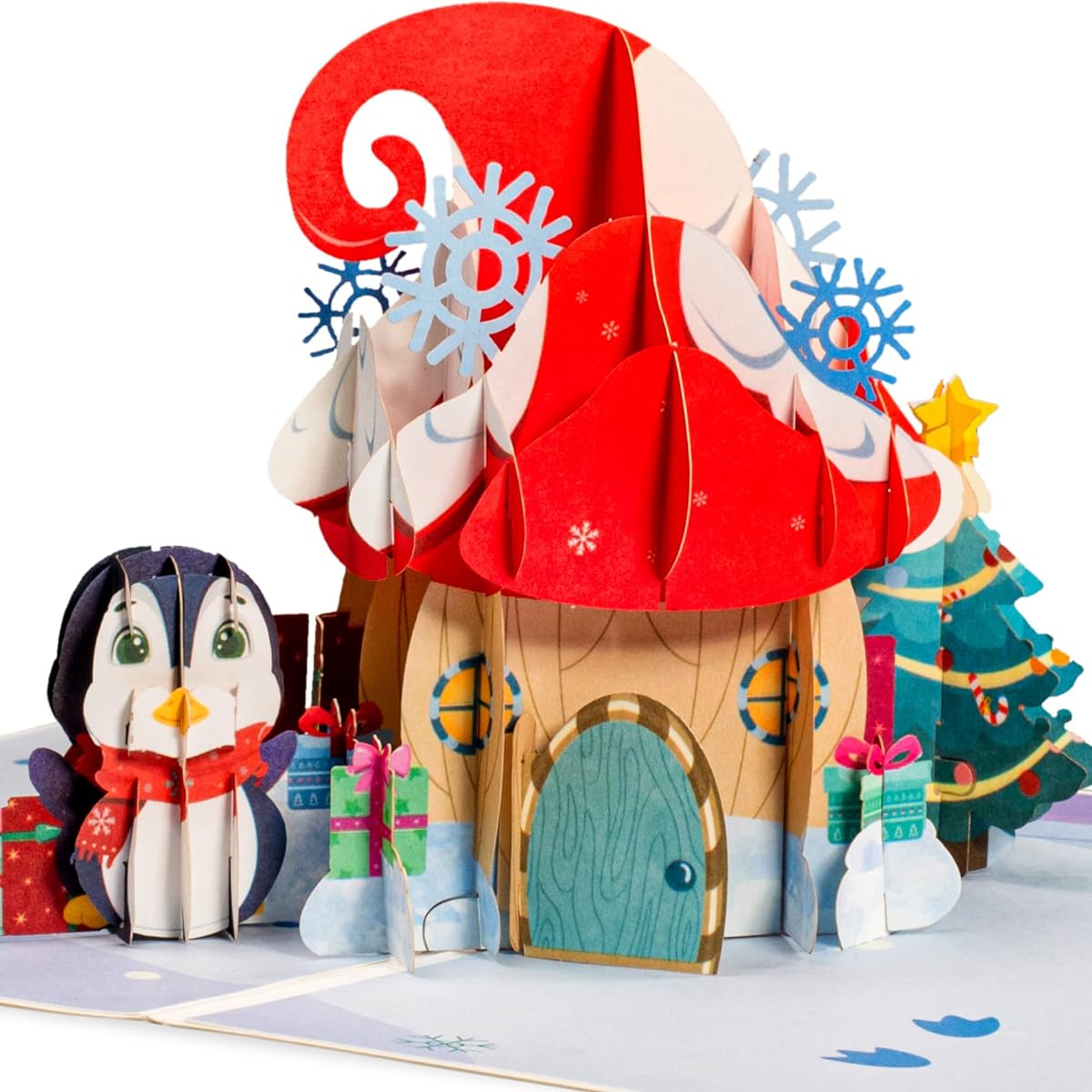 Frndly by Paper Love Pop Up Christmas Card, Mushroom House, Handmade 3D Pop Up Greeting Card for Christmas, Holidays, Winter, 100% Recycled and Eco-Friendly, 8" x 6" Cover - Includes Removable Memo Tag