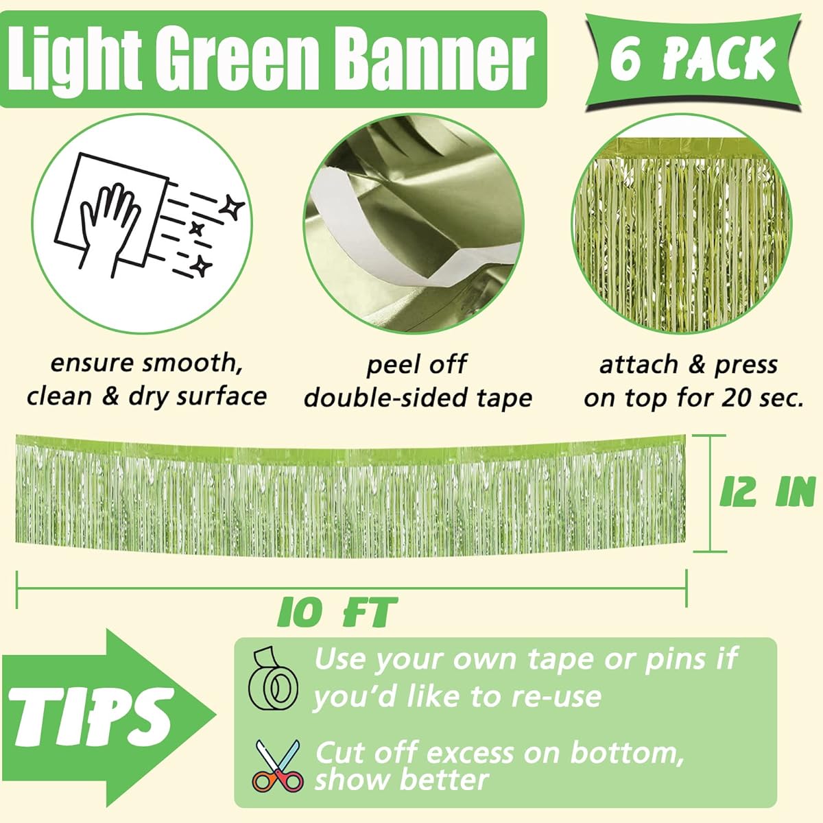 Set of 10 10ft Foil Fringe Garland Metallic Tassel Banner Wall Hanging Tinsel Streamer Backdrop for Parade Floats Bachelorette Wedding Birthday Halloween Christmas Party Decorations (Light Green)