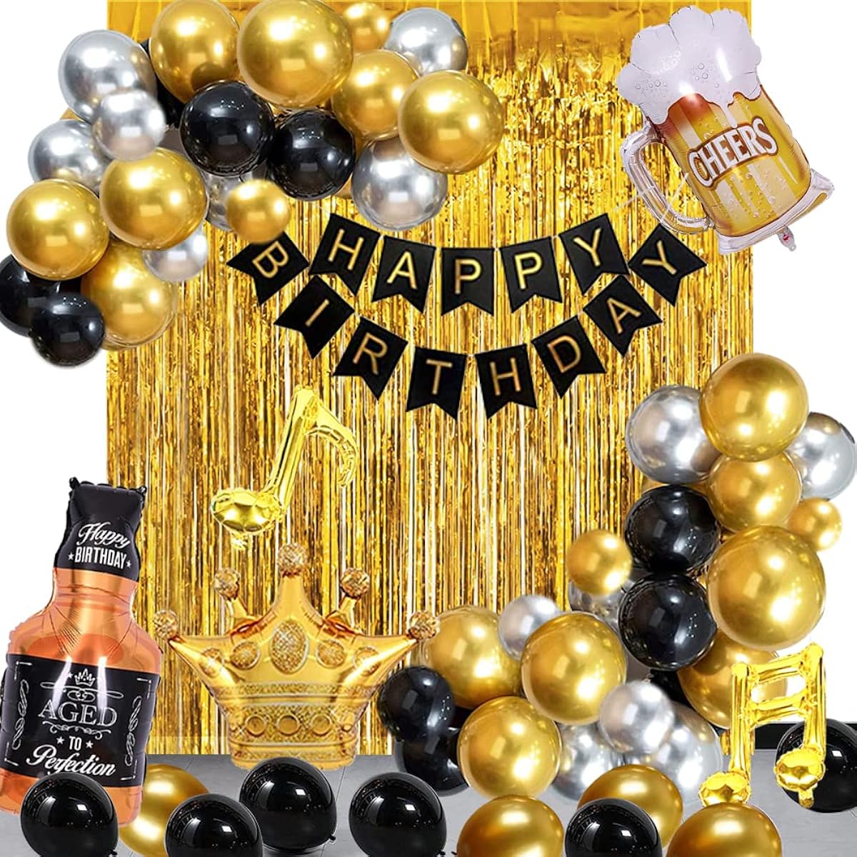 Black&Gold Birthday Party Decorations for Men Happy Birthday Balloons with Banner Foil Balloons Fringe Curtain Crown Beer Balloons for 18/30/40/50/60/70