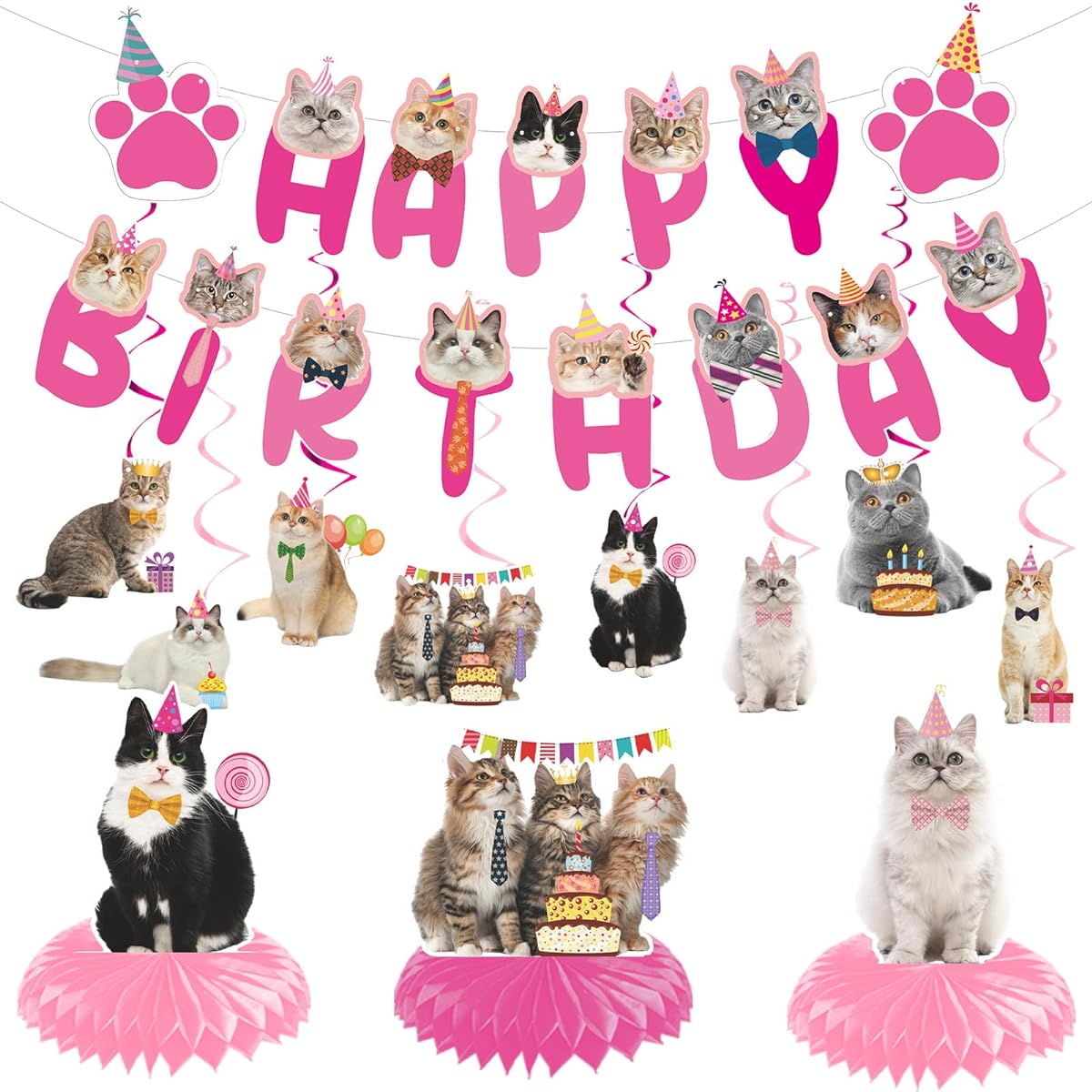 NOVBAUB Cat Birthday Party Hanging Swirls, 20pcs Cute Pink Cat Birthday Party Supplies Honeycomb Centerpieces Cute Cat Theme Birthday Party Decorations Cat for Kids Teens Adults