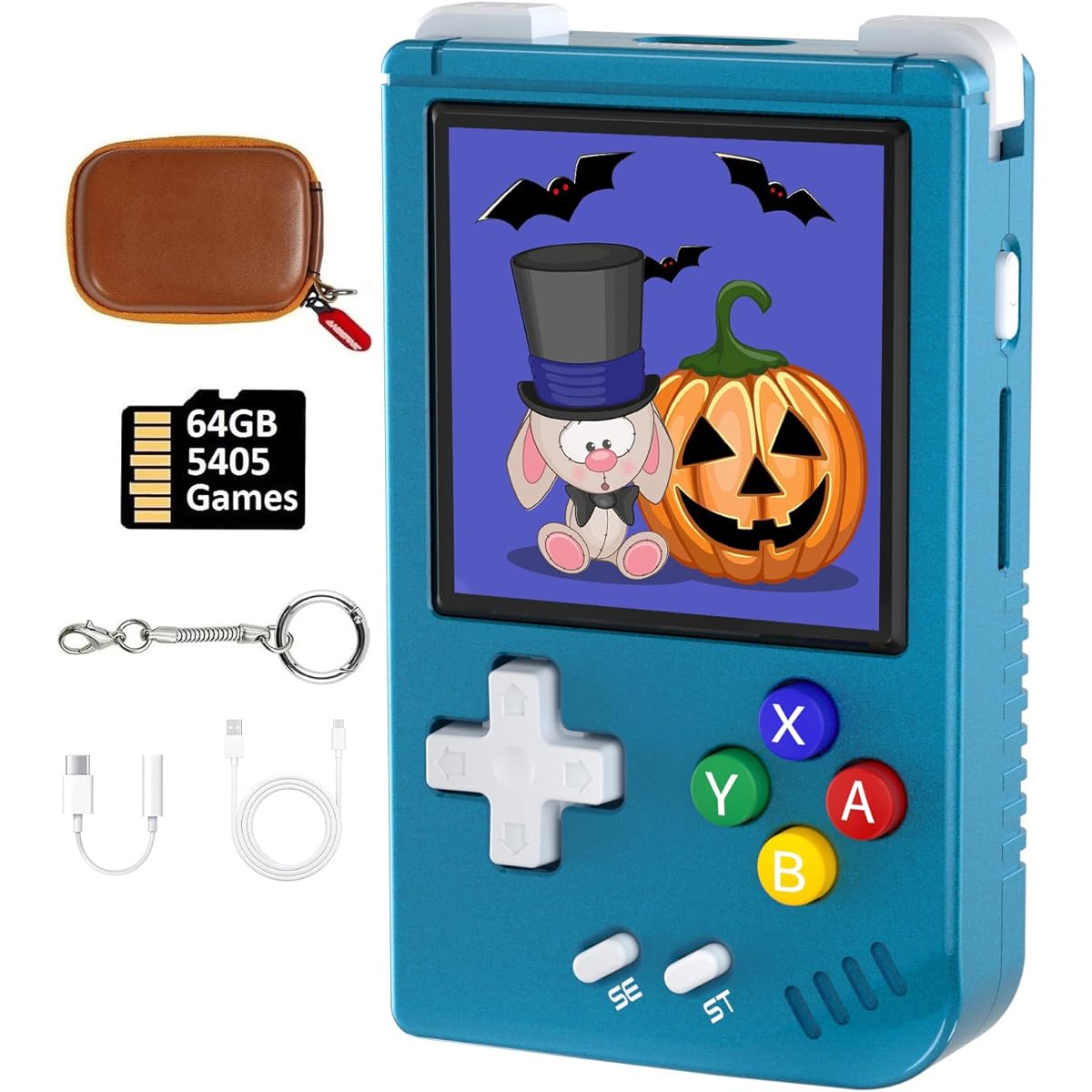 RG Nano Retro Handheld Game Console Aluminum Alloy CNC Support Clock Music Player Function 1.54 Inch IPS Screen 64G TF Card 5405 Games with Portable Bag (Blue)