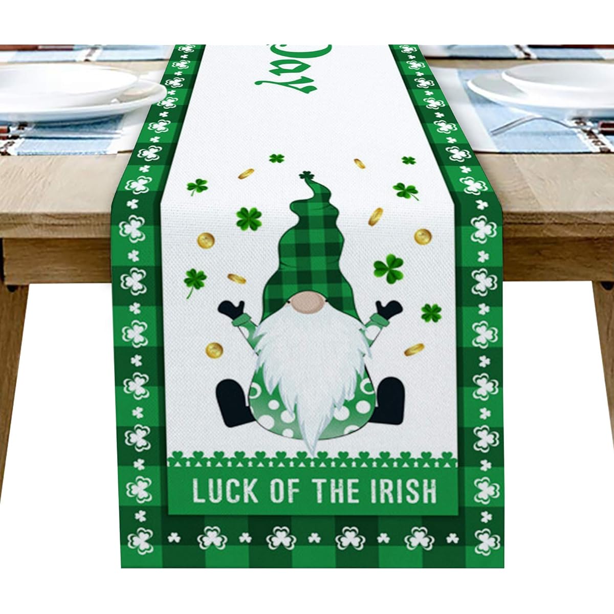 T&H XHome Dining Table Runner Dresser Scarf Linen Burlap Fabric Happy St. Patrick's Day Gnome Lucky Shamrock Washable Table Runner 108" Long Farmhouse Home Kitchen Wedding Party Decor