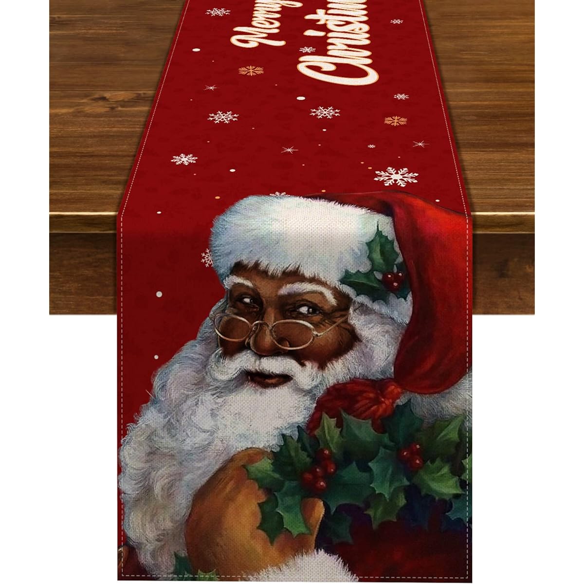 Nepnuser African American Merry Christmas Table Runner Black Santa Claus Snowflake Home Table Decorations Christmas Winter Holiday Kitchen Decor 72 Inch