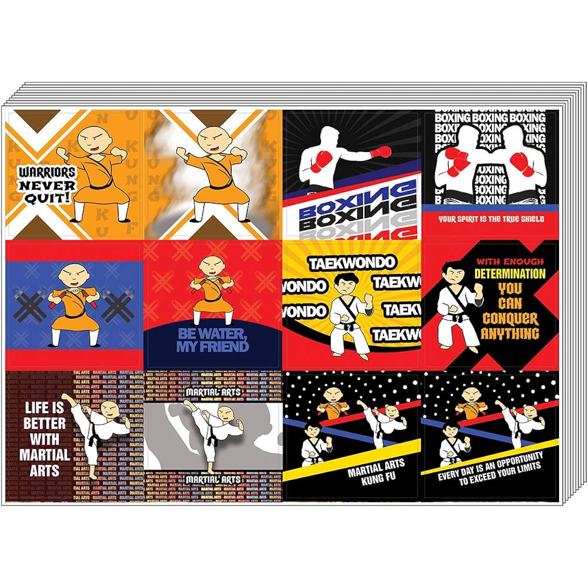Creanoso Martial Arts Stickers (10 Sheets) - Total 120 Pieces (10 x 12 Pieces) Small Size 2.1 x 2.inch, Waterproof, Unique Theme Design, Any Flat Surface DIY Decorative Art Decals for Boys & Girls, Kids, Teens