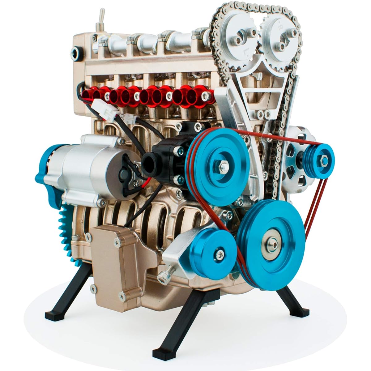 DjuiinoStar Vehicle Engine Model Assembly Kit (Over 300 Parts, 5 Hours Assembly Time) 4-Stroke Straight Four Gas Engine Working Model DM13-1
