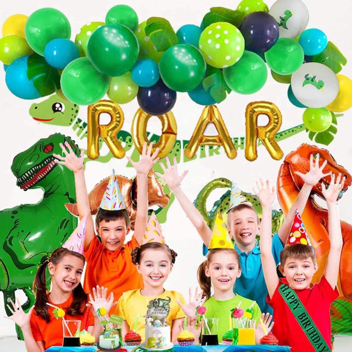 Dinosaur Birthday Party Supplies Dinosaur Birthday Party Decorations, Happy Birthday Banner, Napkins, Cups, Plates, Tablecloth, Dinosaur Stickers, Balloons, Cake Topper, Includes Dinosaur Themed Garland & Arch