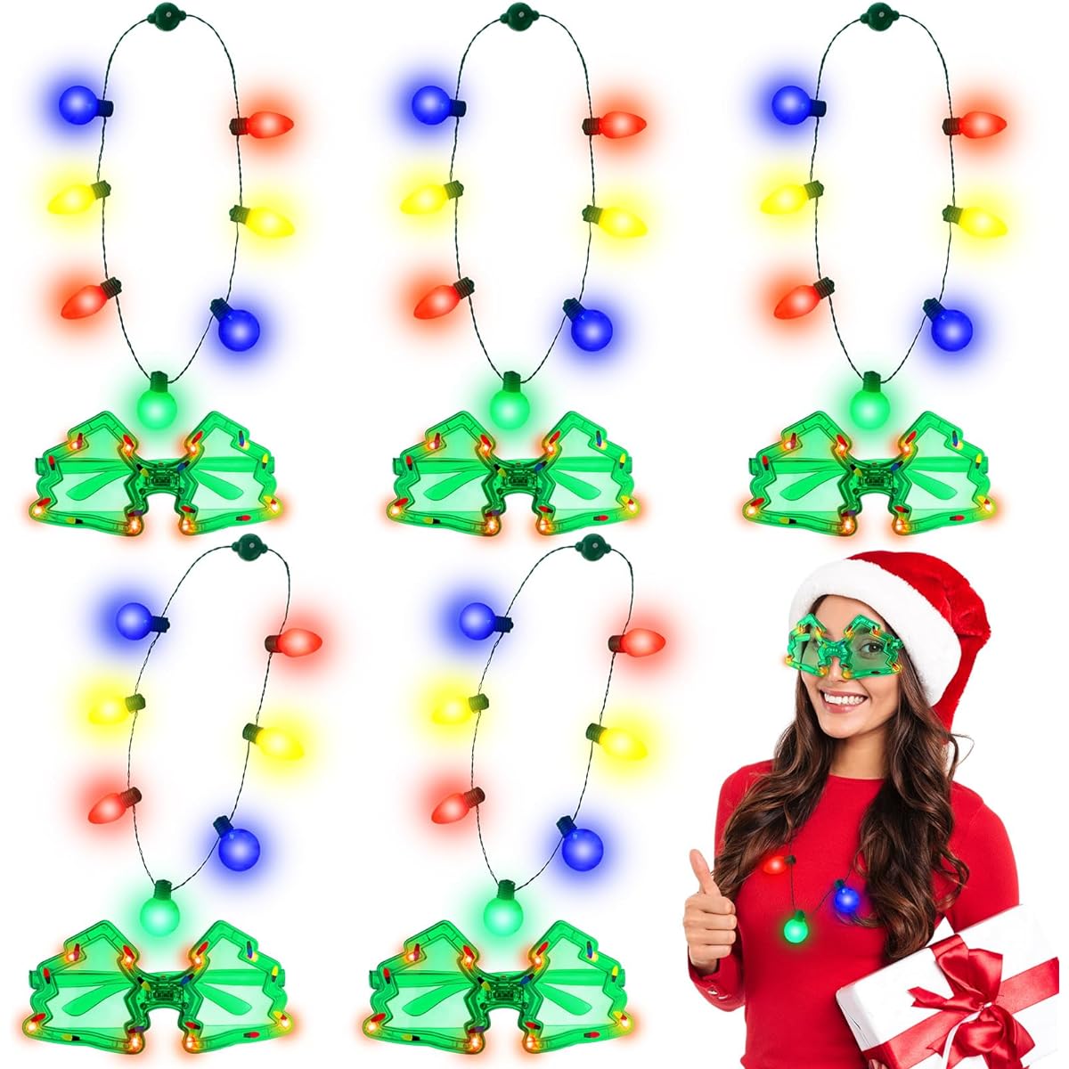 Ceenna Christmas Light Necklace Bright Bulb Necklace and Christmas Tree LED Glasses Set 37inch Christmas Light Up Jewelry LED Necklace Christmas Sunglasses for Kids Adults Christmas Party Favors 12pcs, Please See the Picture