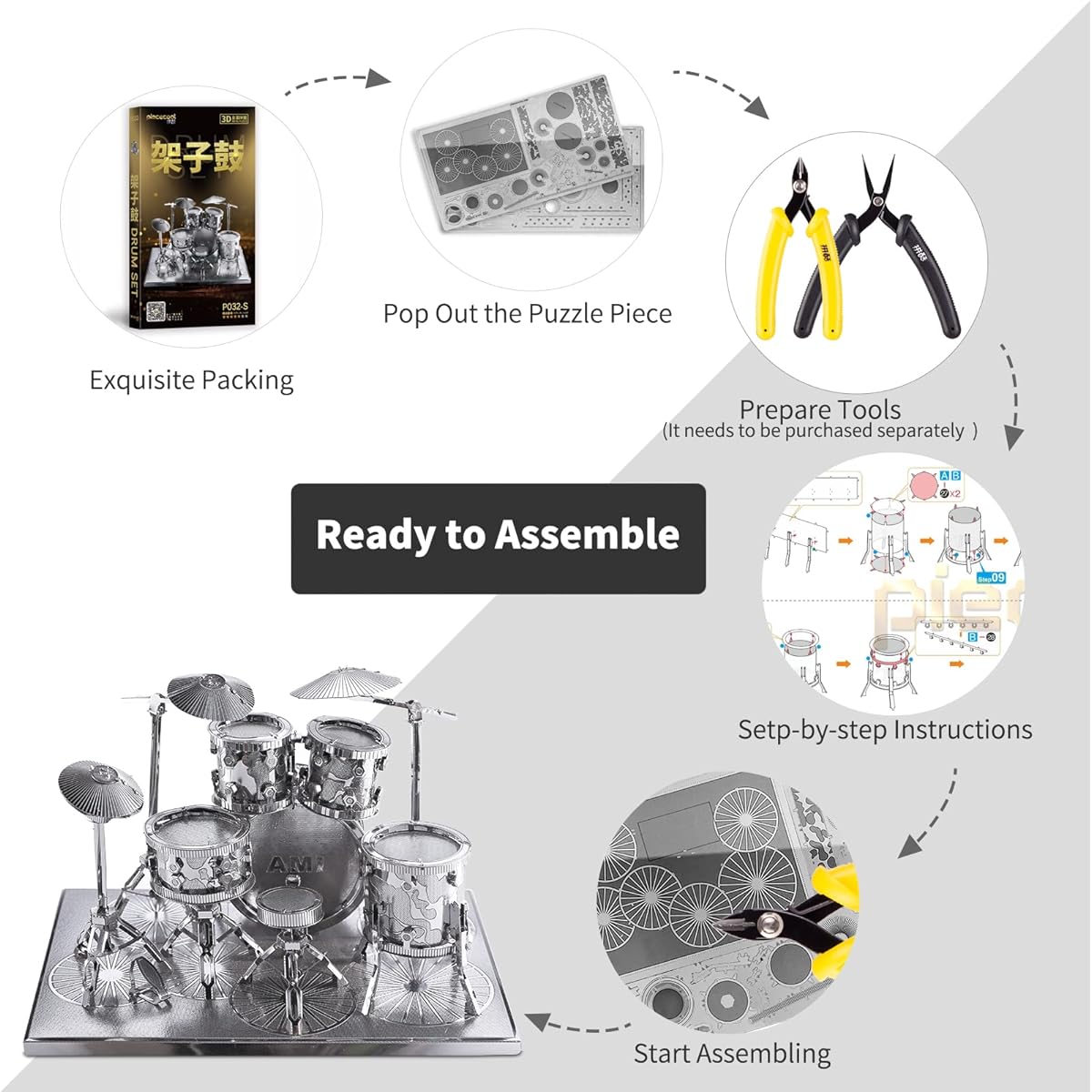 Piececool 3D Metal Model for Adults Jazz Drum Kit Musical Instrument Model Building Kit Brain Teaser Challenging 3D Puzzle DIY Building Crafts Great Gift