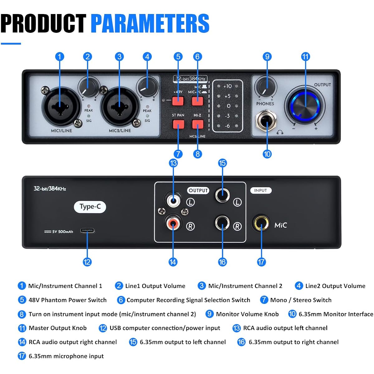Micfuns MX02 USB Audio Interface (32bit/384kHz) Sound Card, 48V Phantom Power, Headphone Jack, Production Console with Studio Controller for Recording, Production, Podcasting, Guitar