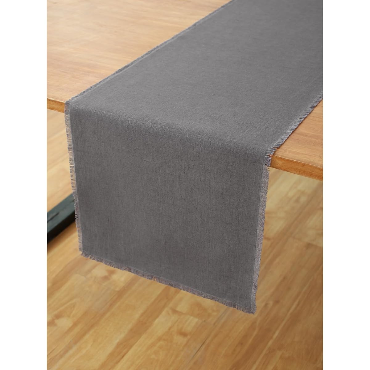 Solino Home Linen Table Runner 14 x 48 Inch - 100% Pure Linen Charcoal Table Runner for Spring, Summer Dining, Weddings - Machine Washable, Handcrafted from European Flax - Fringe