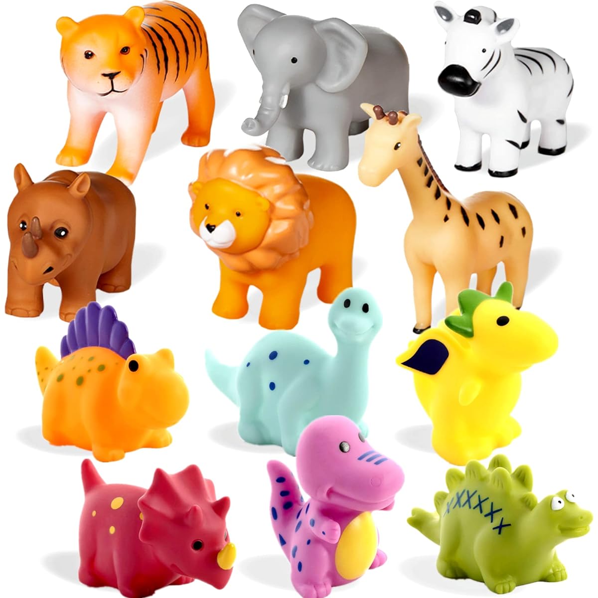 XY-WQ Mold Free Bath Toys No Holes Toddler 6-12 Toddler 1-3 No Holes No Mold Bathtub Toys (Dinosaurs + Animals, 12 Pieces with Mesh Bag)