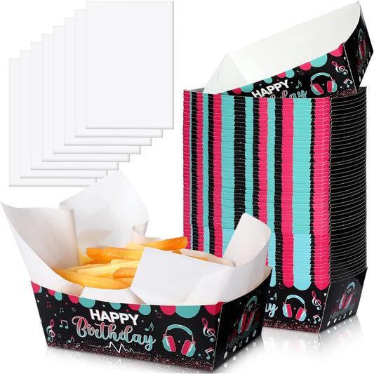 100pcs Music Party Supplies 1lb 50pcs Food Trays Grease Wax Deli Paper Music Nacho Trays Popcorn Hot Dog Trays Baskets Food Holders for Music Birthday Decorations Pre-Assembled