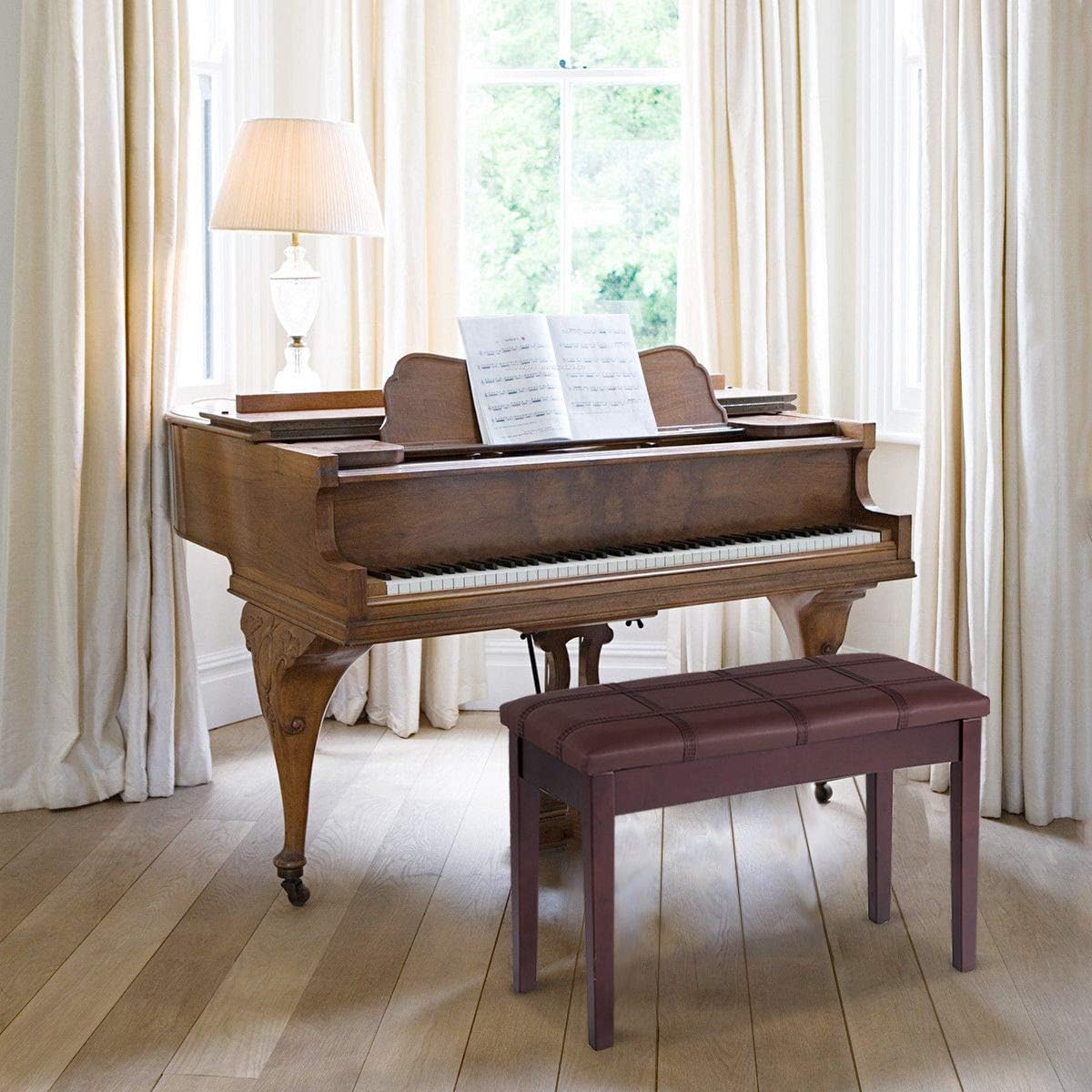Giantex Wooden Duet Piano Bench with Padded Cushion and Music Storage, PU Leather Keyboard Seat Piano Stool with Sturdy Locking Hinges and Anti-Slip Pad, Perfect for Home Use (Brown)