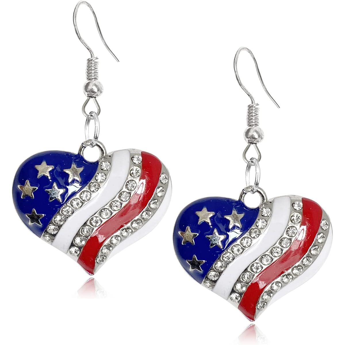 JIUIQL Red White Blue Glitter Crystal Patriotic American Flag Dangle Drop Earrings for Women Girls 4th of July Metal Star Love Hook Earrings Jewelry Independence Day Party Favors Decorative Accessories Kids Birthday Christmas Gift