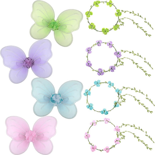 8 Piece Fairy Wings Set for Girls, 4 Butterfly Wings, 4 Fairy Flower Crowns, Butterfly Costume, Floral Garland Headband for Kids and Adults Princess Wedding Party Favors Birthday Role Play