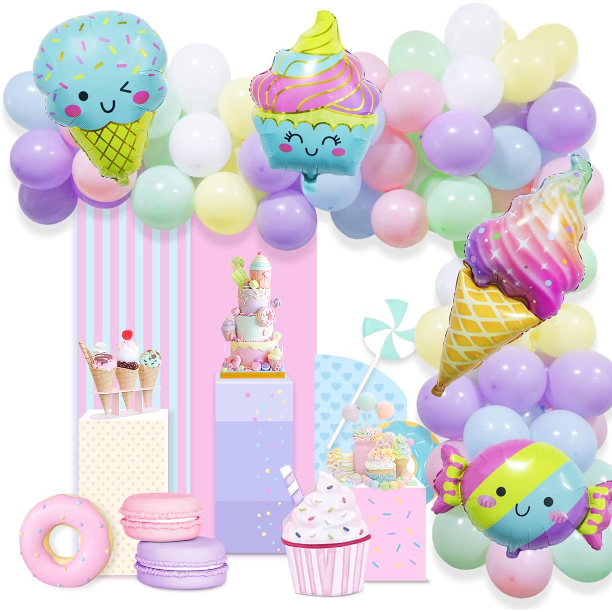 Sweet Ice Cream Party Balloons Arch Garland Kit Pastel Macaron Sweet Corn Popsicle Ice Cream Foil Balloons Decorations for Kids Summer Ice Cream Theme Party Girls Birthday Baby Shower Party Supplies
