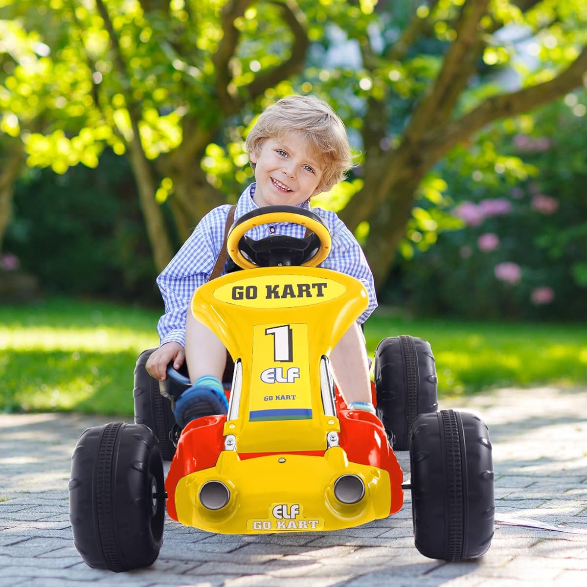 Costzon Go Kart for Kids, 4 Wheel Pedal Driven Car with 3 Position Adjustable Seat, Steering Wheel & Anti-Slip Wheels, for Boys & Girls, Outdoor Quad Racing Ride, Ages 3-7 (Red)