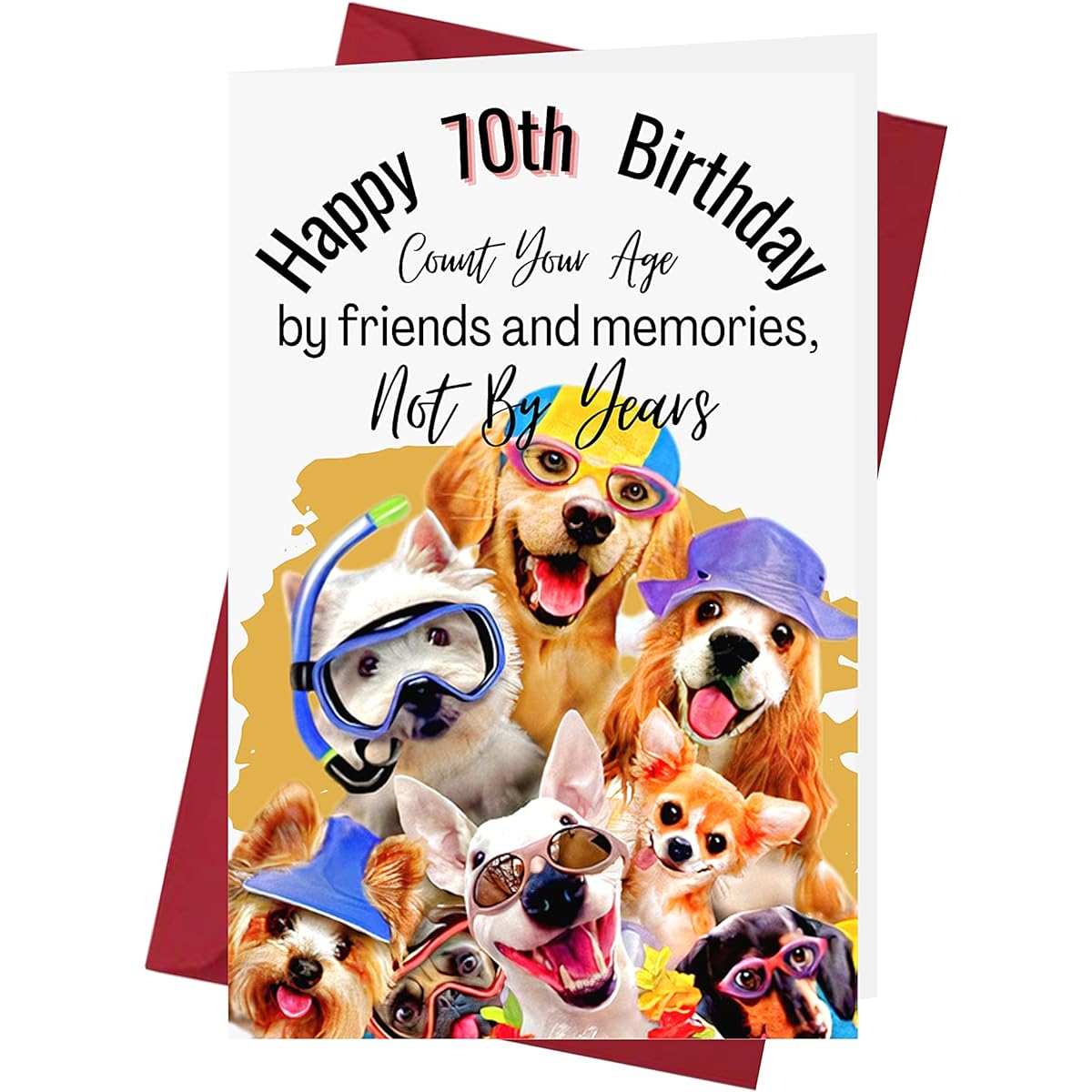 Party Dog 70th Birthday Card - Party Dog 70th Anniversary Card - Happy 70th Birthday Card - Party Dog 70th Birthday Card for Him, Her, Friend, Family, Coworker, Lover - Includes Red Envelope