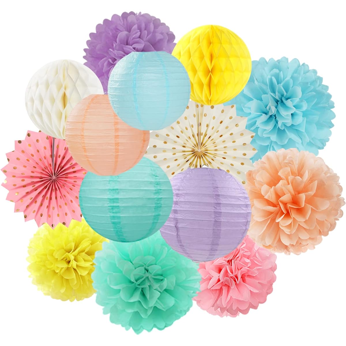 Pastel Rainbow Party Decorations Streamers - 14 Pieces Boys Girls Kids Birthday Supplies Pink Yellow Blue Paper Lantern Fan Tissue Pom Poms Honeycomb Balls Baby Shower Wedding Decoration Long Lasting Surprise
