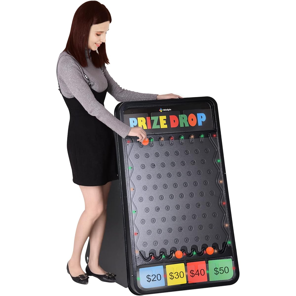 WinSpin 41" x 25" Prize Drop Plinko Board Foldable Stand Disc Drop Board Game with 12 Play Packs for Carnival Fair Party (Multi-Color LED Lights)