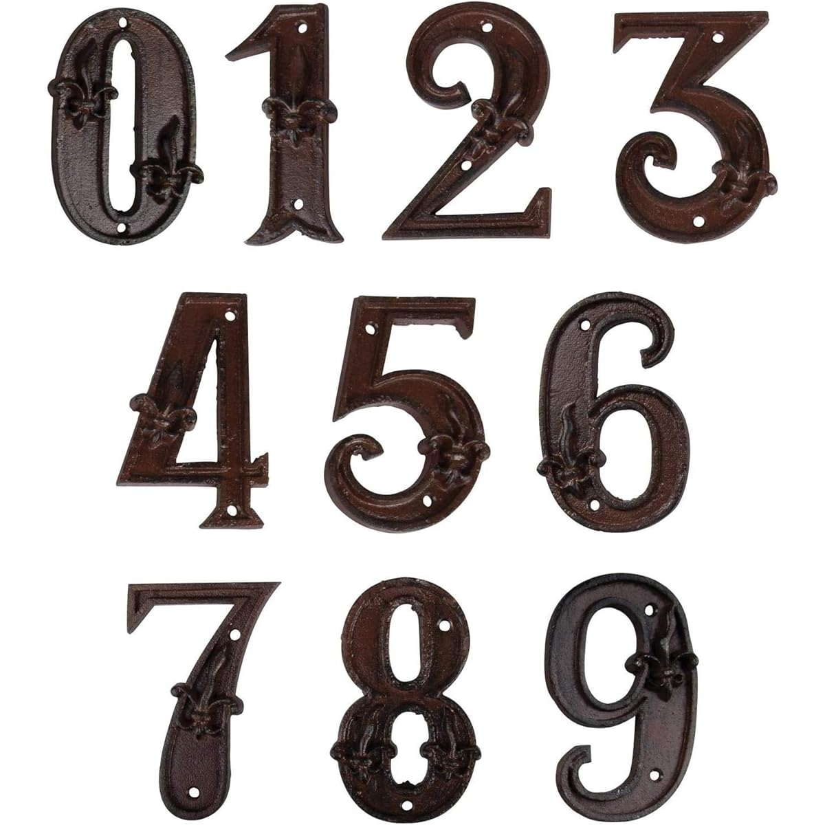 Vandicka Wrought iron numbers to indicate the numbering of houses, doors and streets, antique brown color, rust finish with fleur-de-lis print, 12 cm, 4