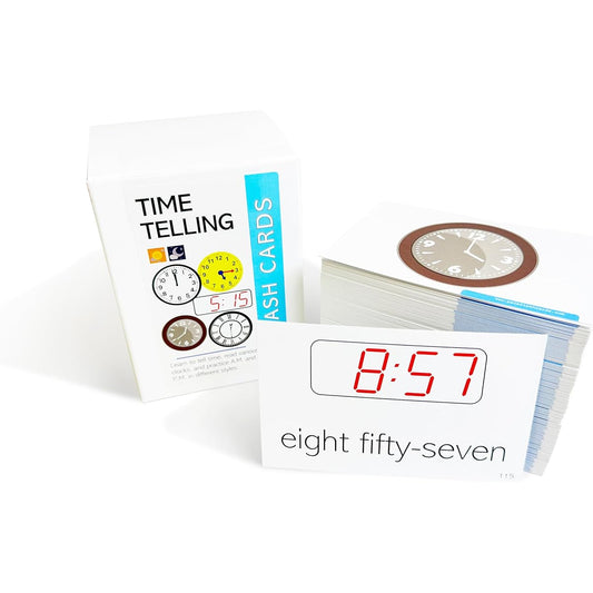 192 laminated comprehensive time-telling flashcards - includes AM, PM, digital, and analog.