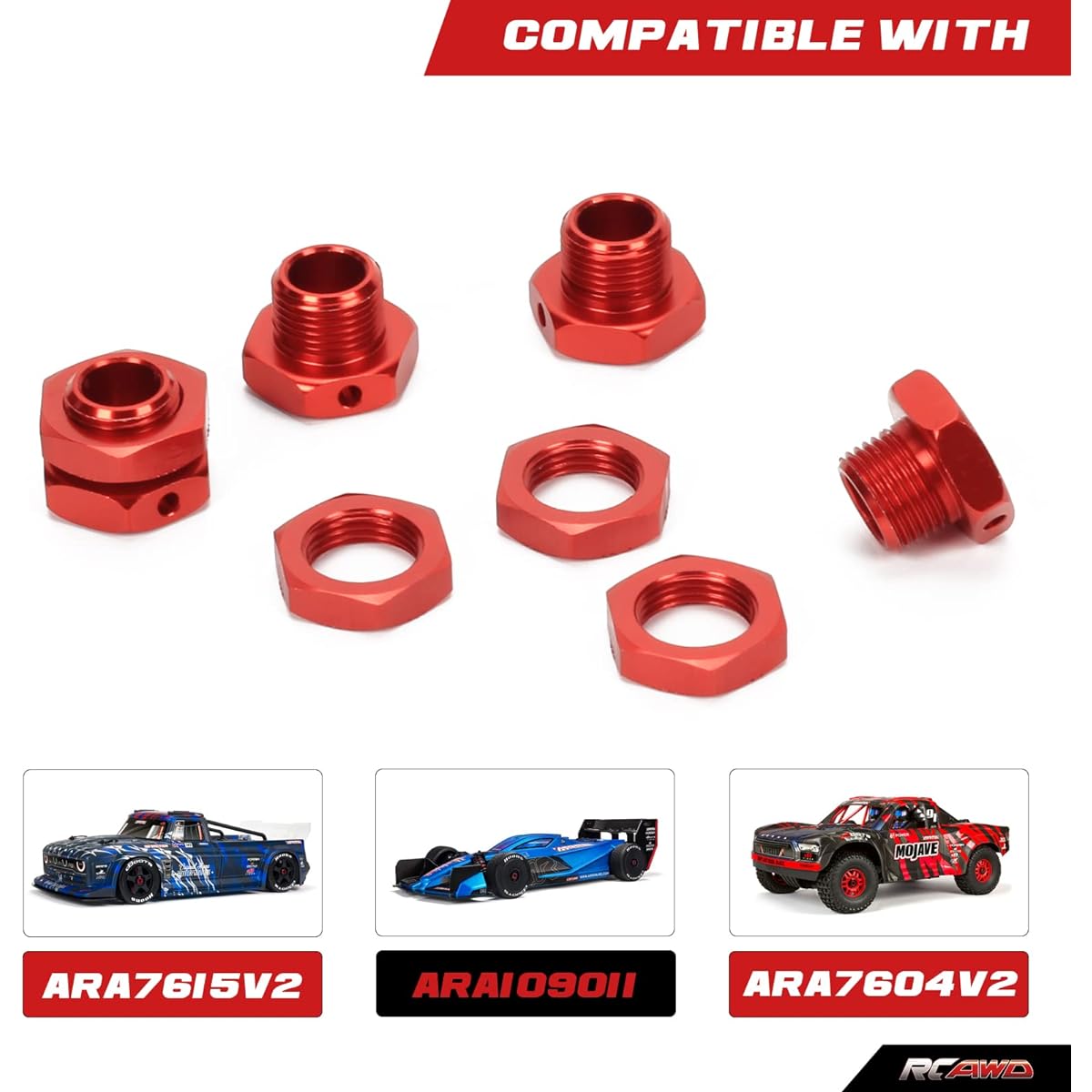 RCAWD Wheel Nuts & Wheel Hex 17mm for 1/7 ARRMA Infraction Mojave Limitless 6S & 1/8 ARRMA Typhon 6S Upgrade Parts Hex Wheel Hub Adapter #AR310447#ARAC9413 AR310449#ARAC9763 Red