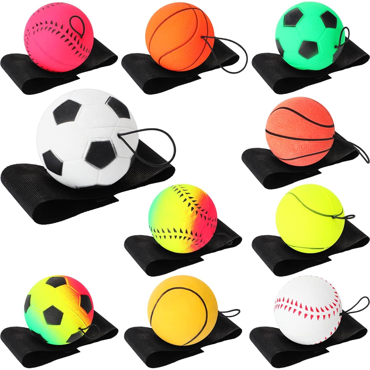 Skylety 10pcs Squirrel Return Balls Wristband Ball Rubber Rebound Ball Sports Bouncy Ball Basketball Baseball Soccer Ball Wristband Toys Wrist Exercise Sports Kids Adults Fun
