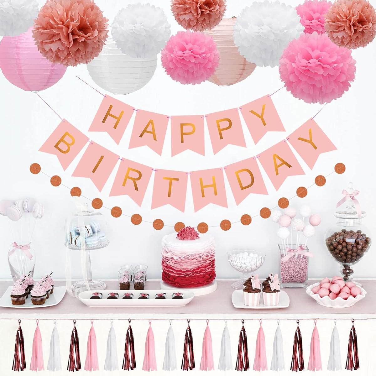 meowtastic Pink Birthday Party Decorations Set, Happy Birthday Banner with Tissue Paper Pom Poms, Tassel Garland, Paper Lanterns and Circle Dot Garland, Pink Rose Gold Birthday Decorations for Women and Girls