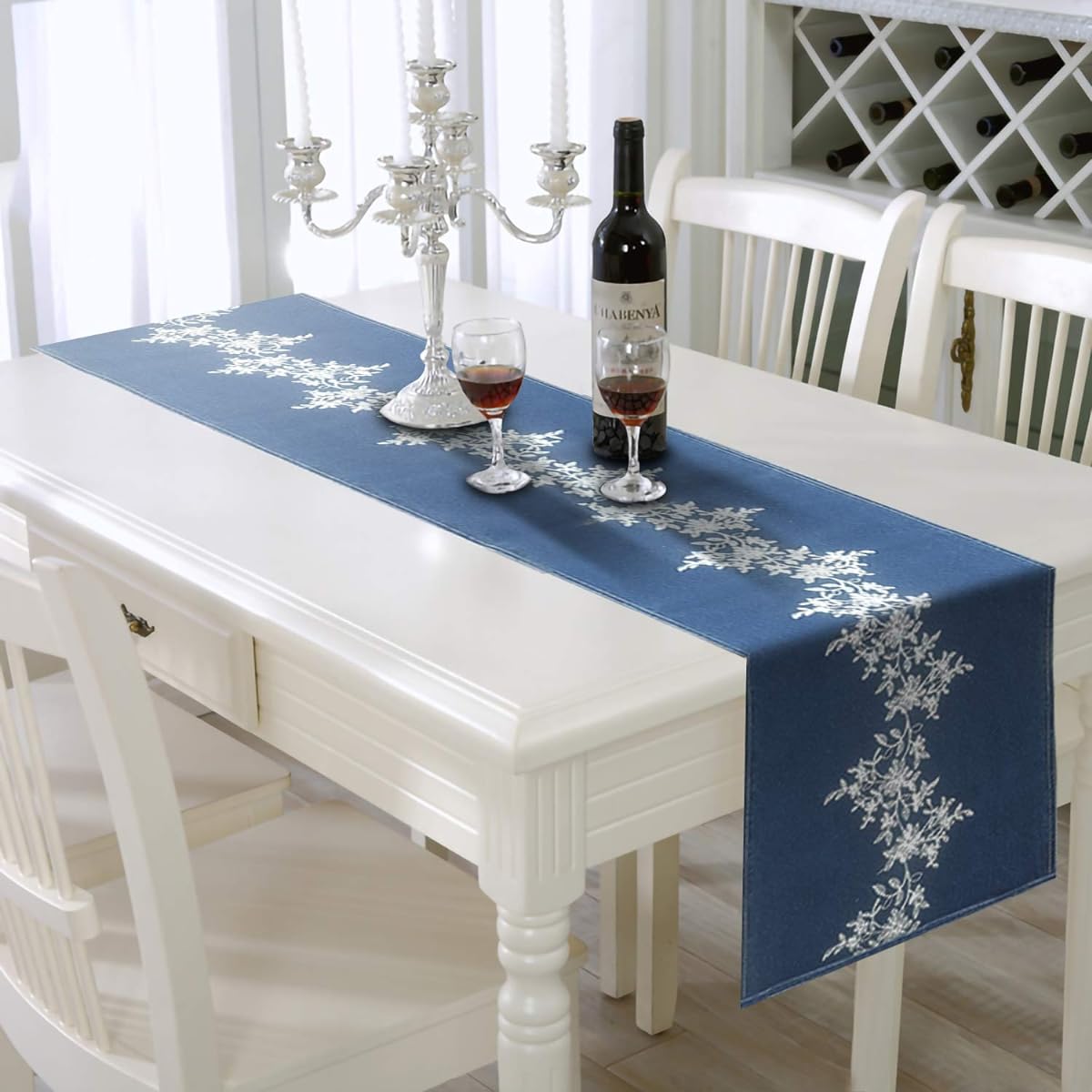 AAYU Denim Table/Bed Runner with Embroidered Floral Center | 14" x 72" | Premium Quality | Perfect for Weddings, Parties and Decorations